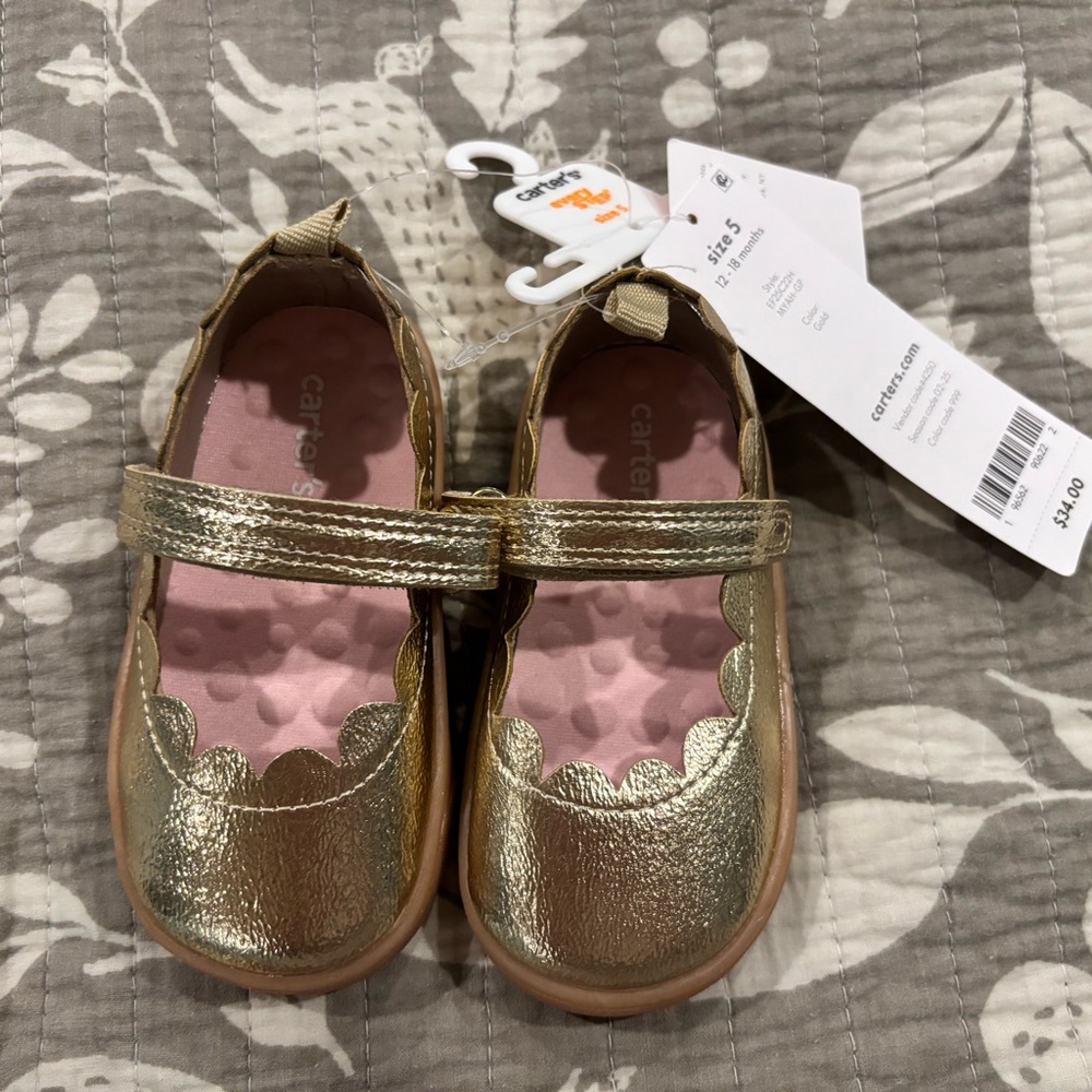 NWT Carter's Gold Metallic Mary Jane Shoes with Pink Insole